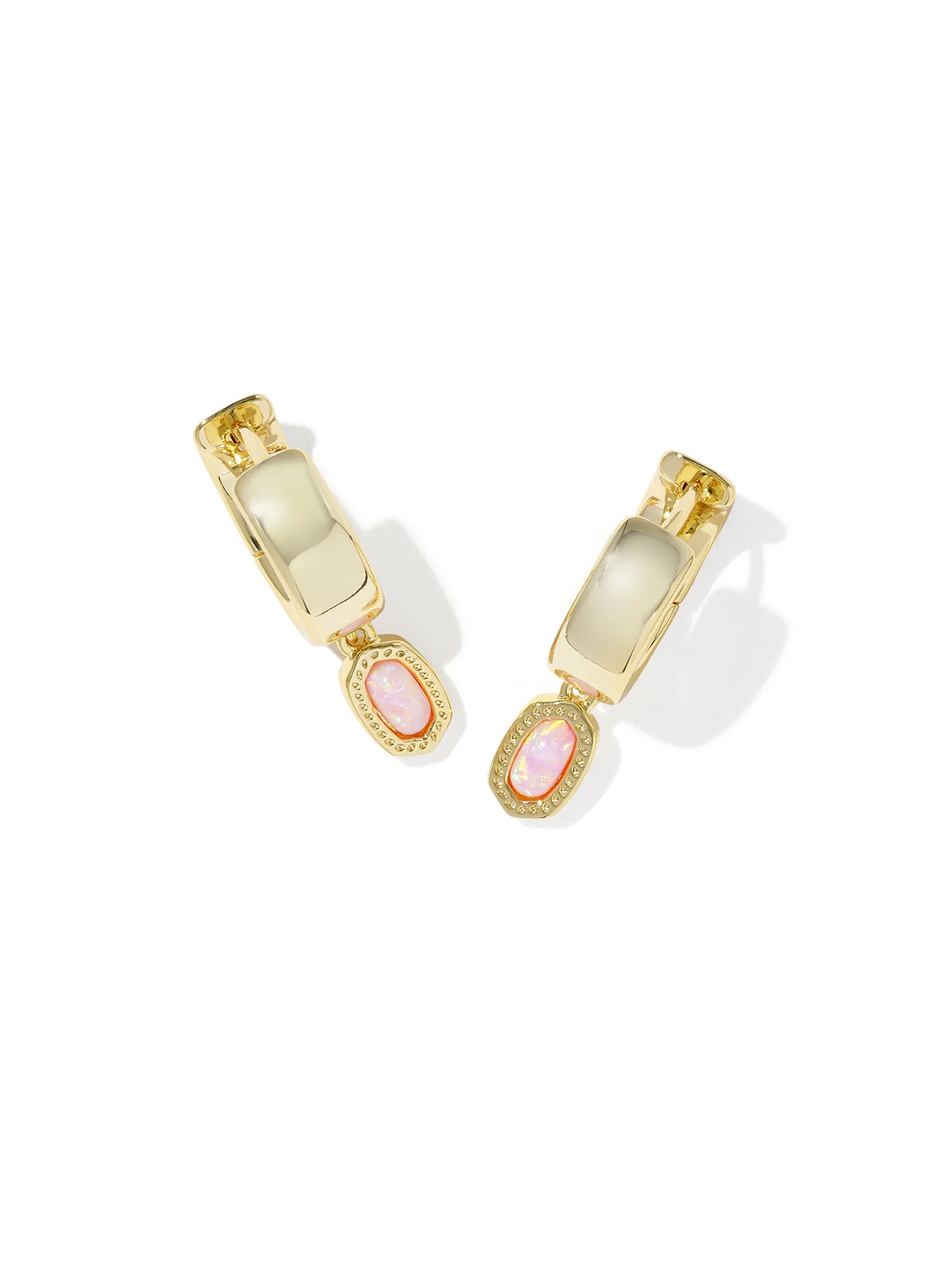 Kendra Scott Mini Ellie Gold Wide Huggie Earrings in Light Pink Lab Grown Opal