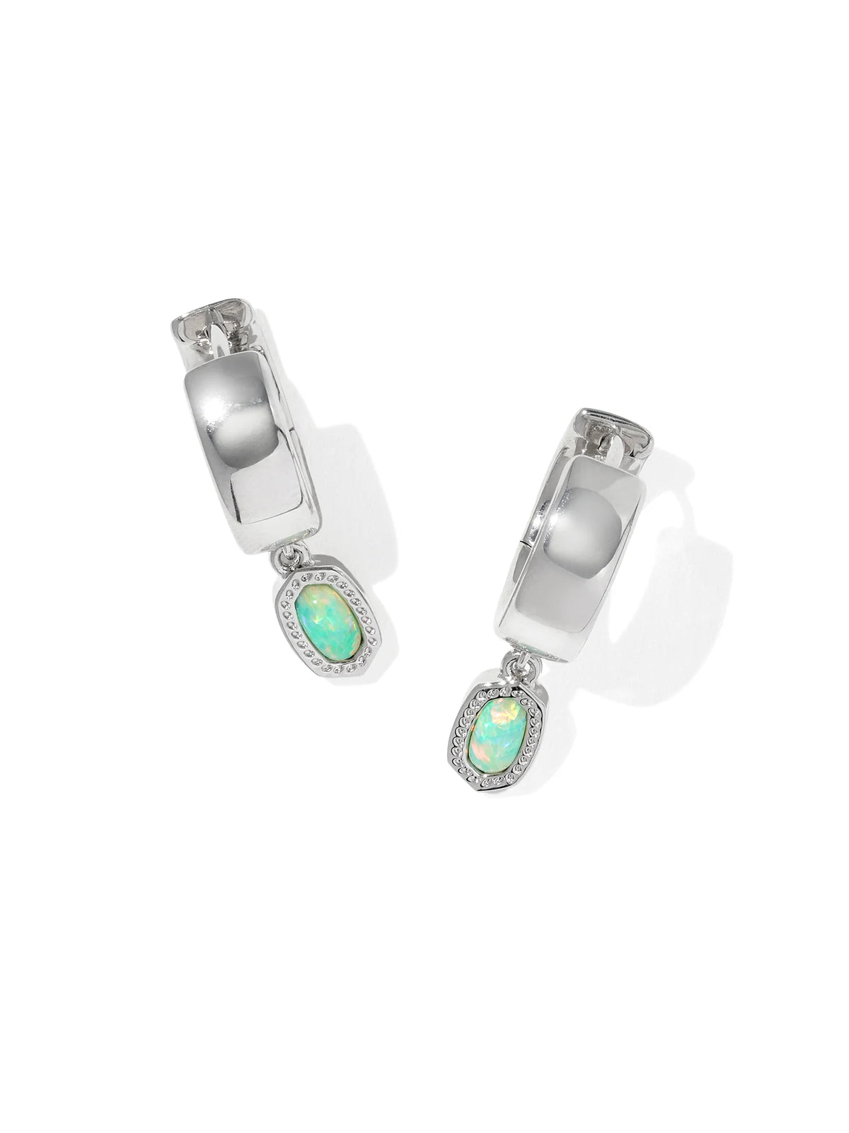 Kendra Scott Mini Ellie Silver Wide Huggie Earrings in Green Lab Grown Opal