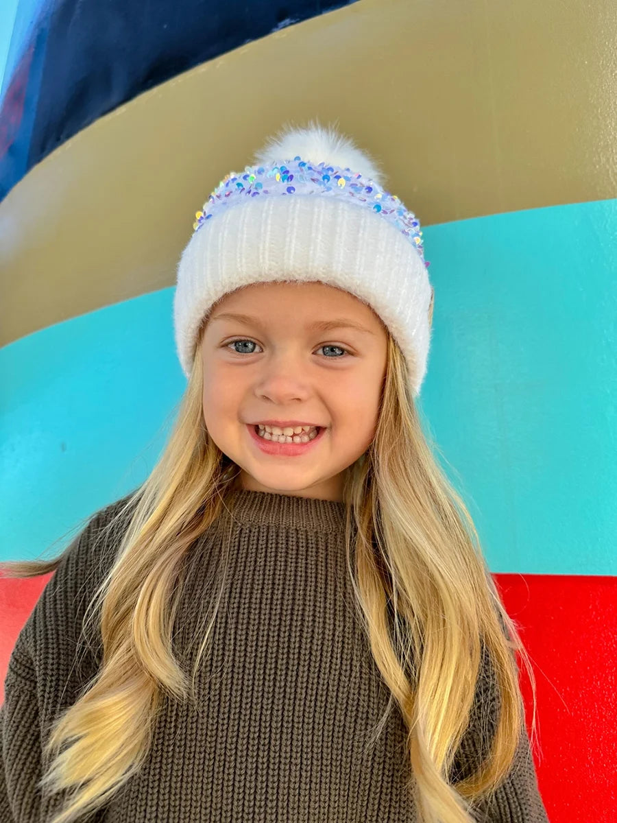 Kids Cluster Sequin Faux Fur Pom Beanie White