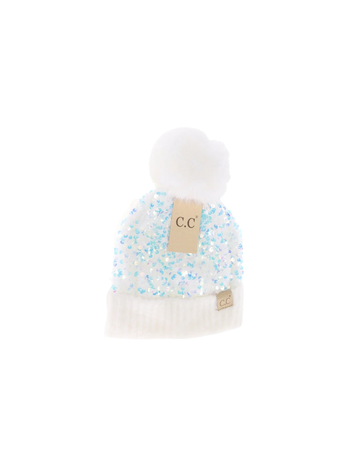 Kids Cluster Sequin Faux Fur Pom Beanie White