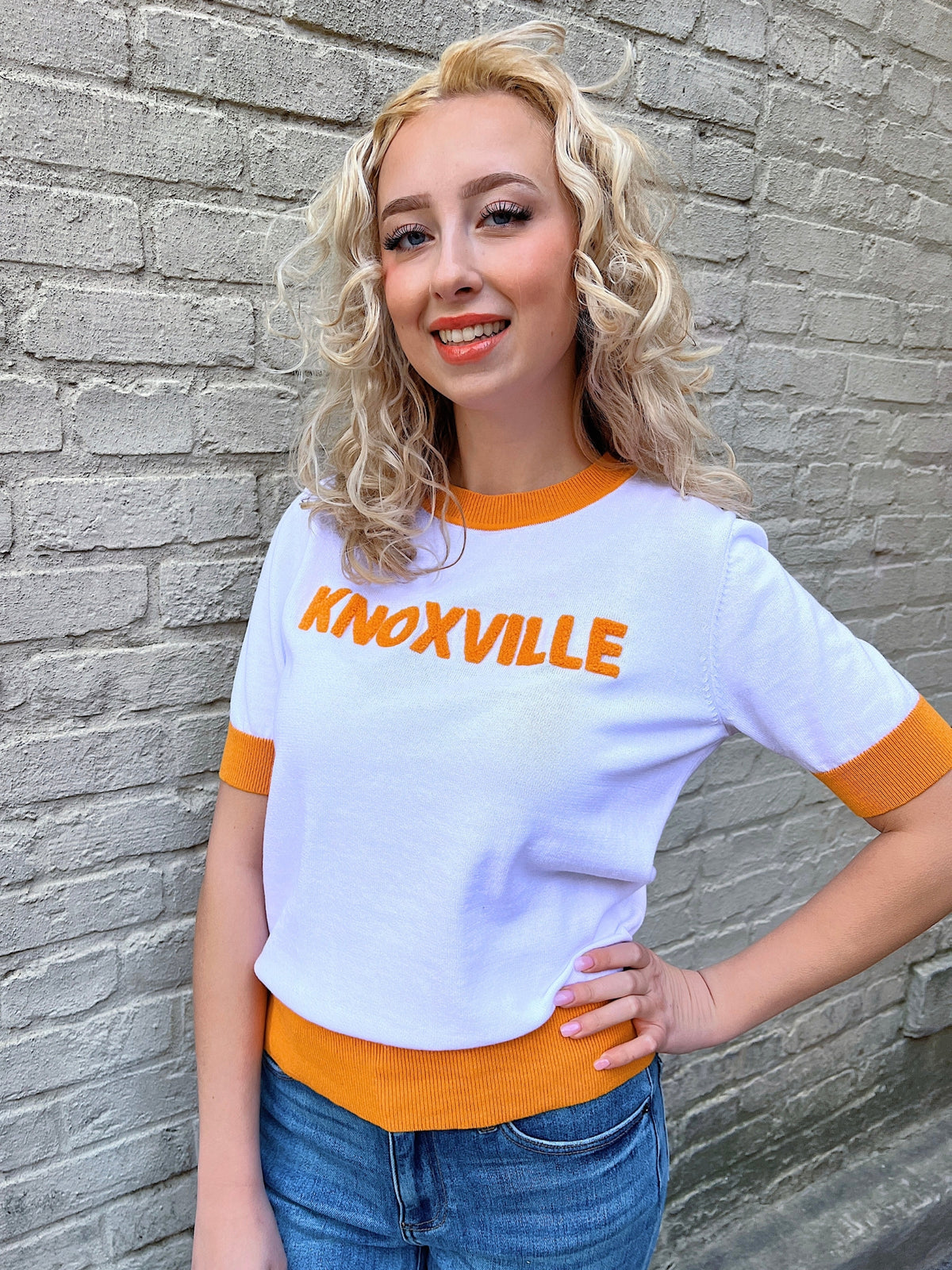 Knoxville Tennessee white orange chenille short sleeve sweater model