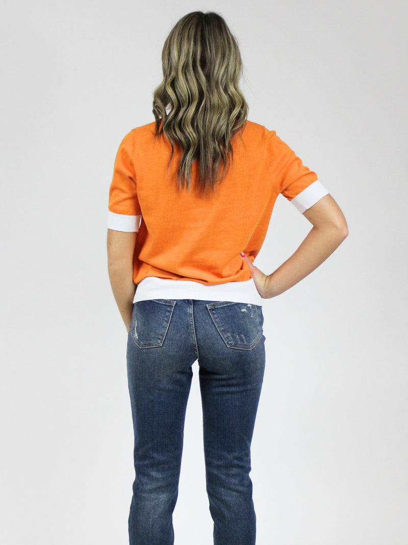 Knoxville chenille short sleeve orange and white sweater back view