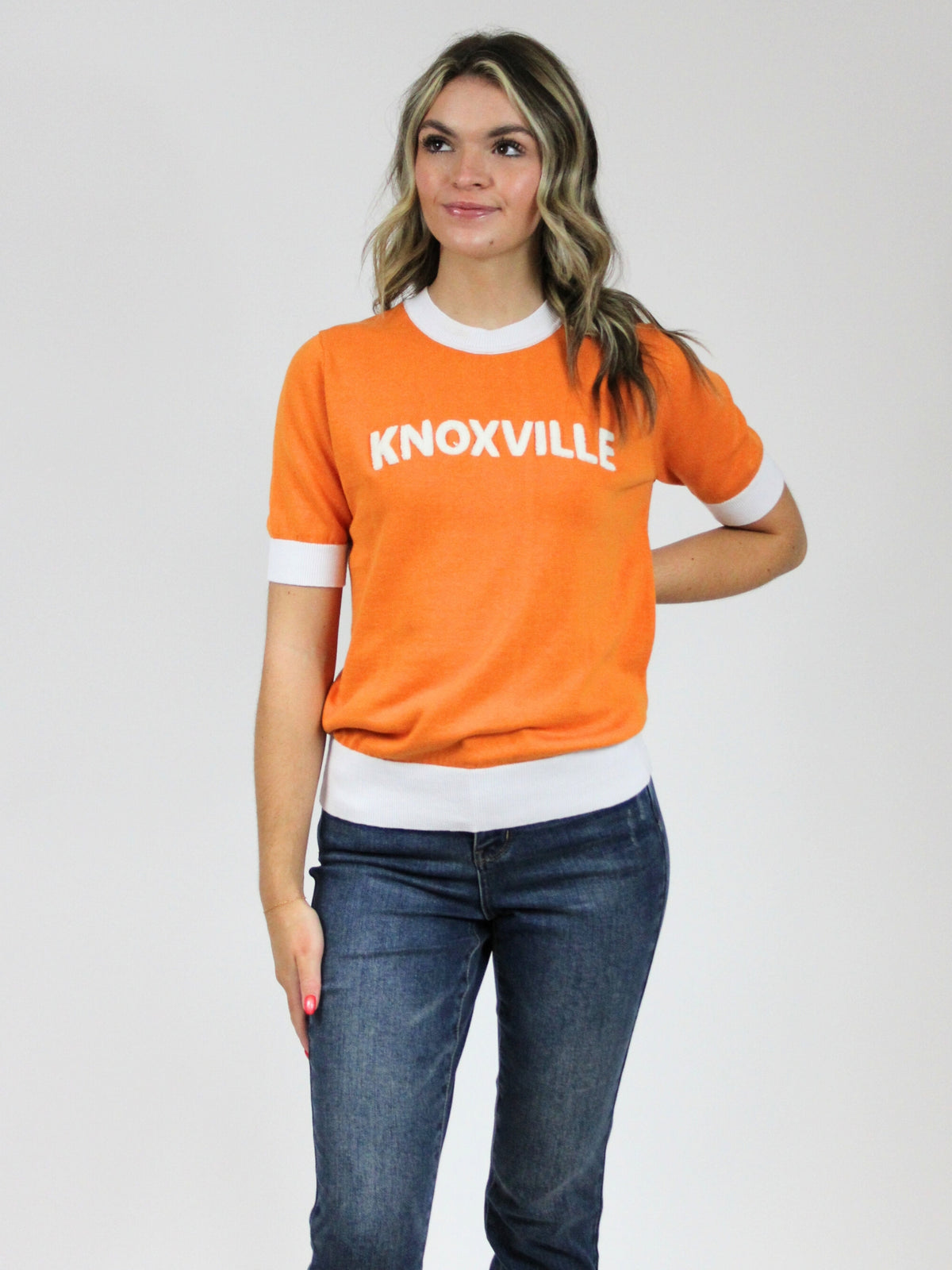 Knoxville chenille short sleeve orange and white sweater front view