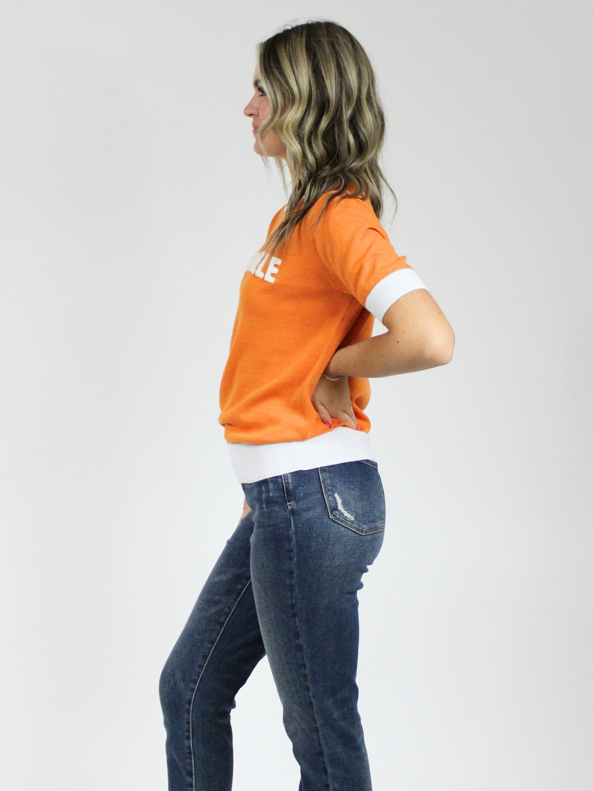 Knoxville chenille short sleeve orange and white sweater side view