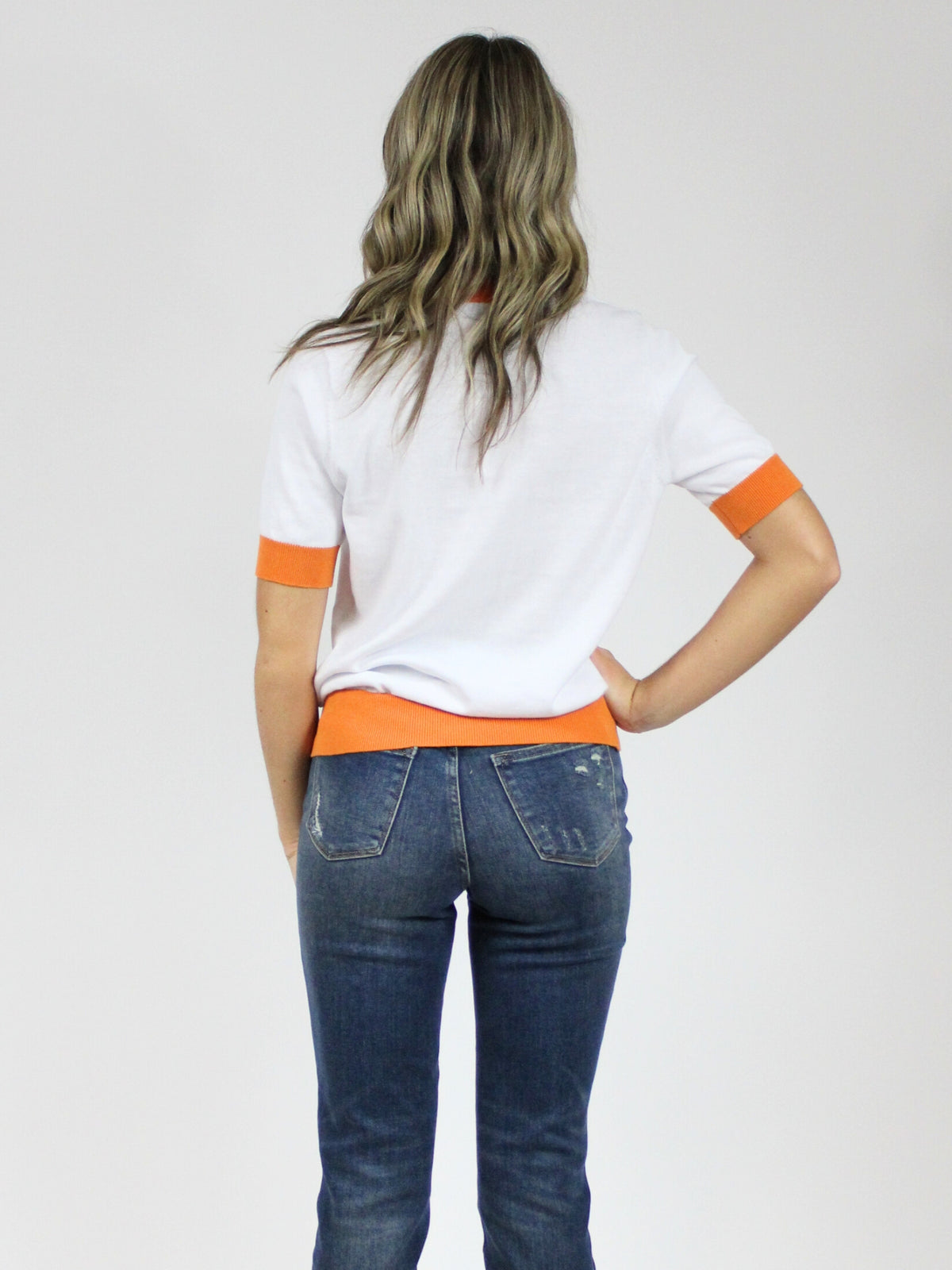 Knoxville chenille short sleeve white and orange sweater