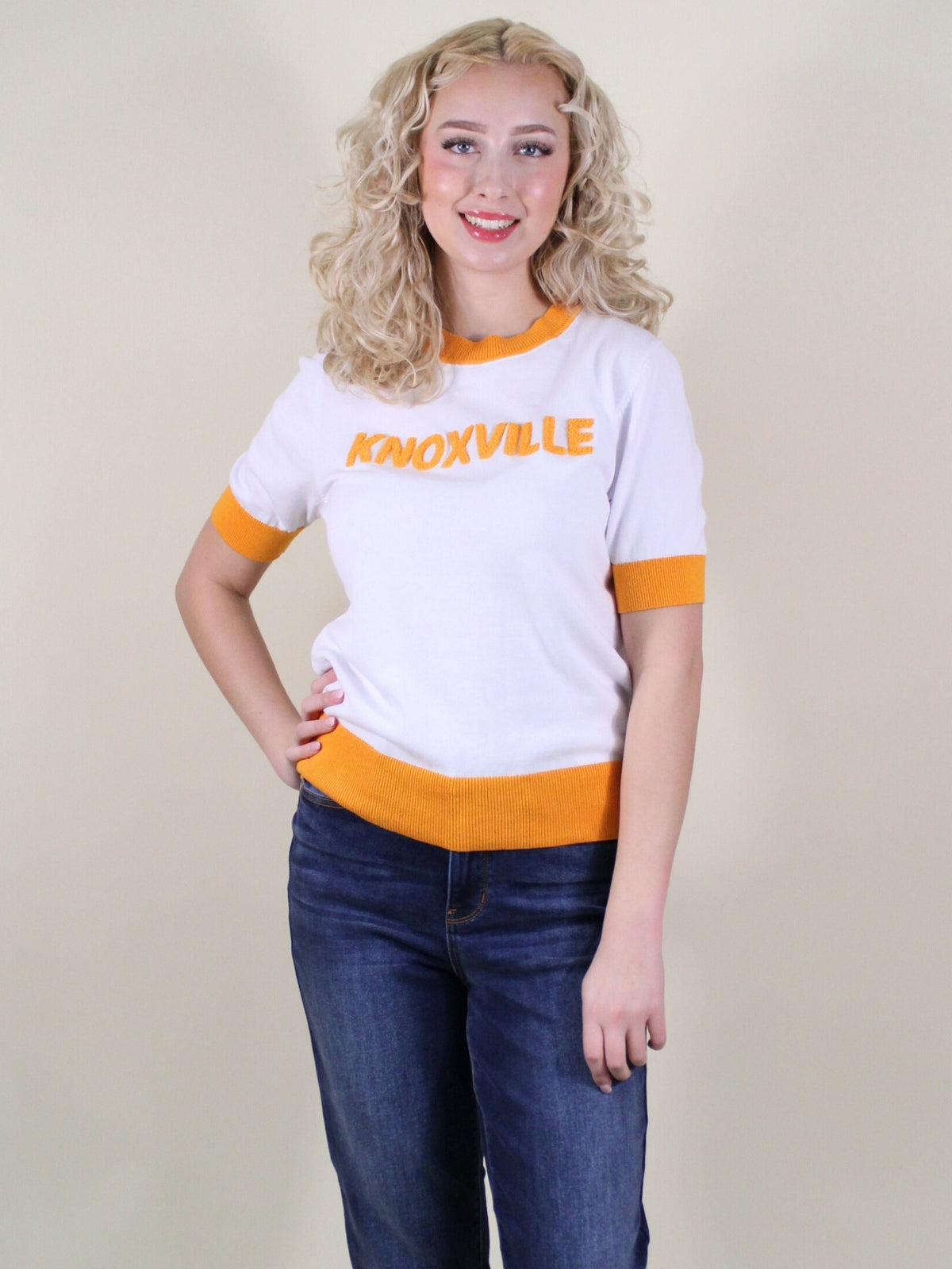 Knoxville Tennessee white orange chenille short sleeve sweater front view