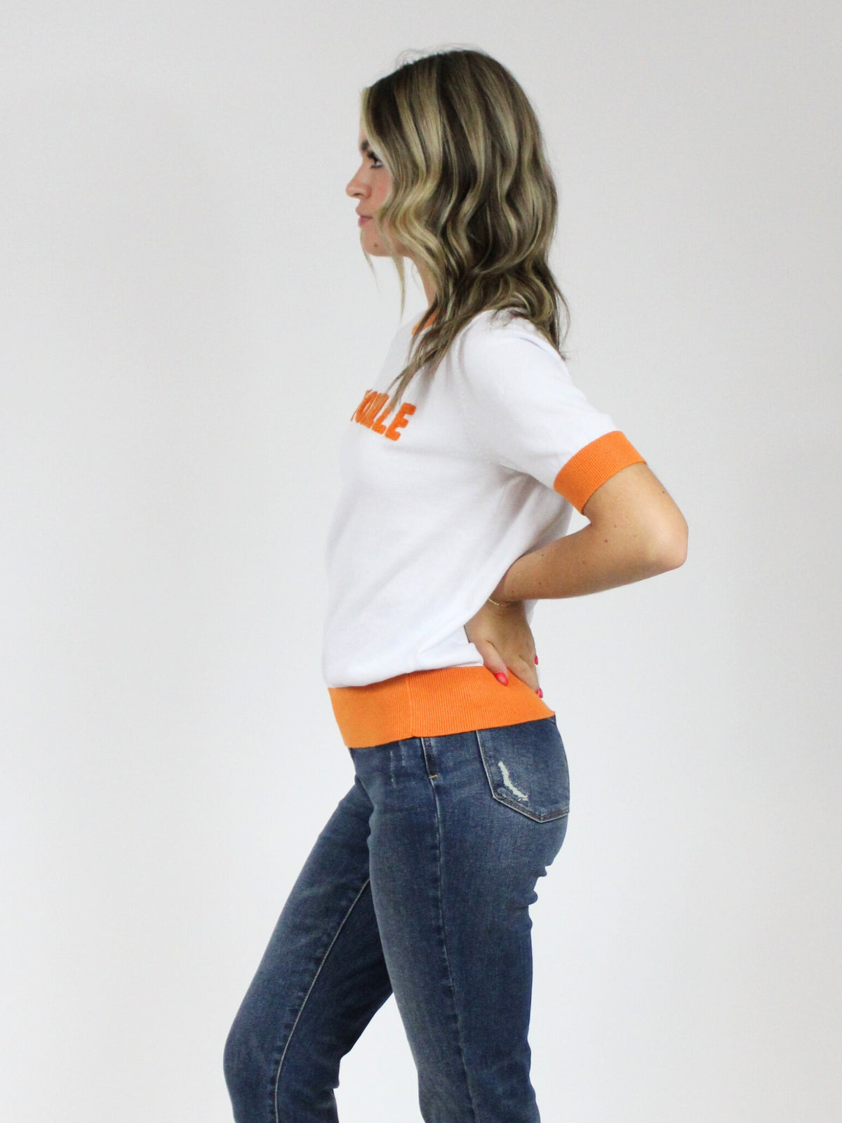 Knoxville chenille short sleeve white and orange sweater