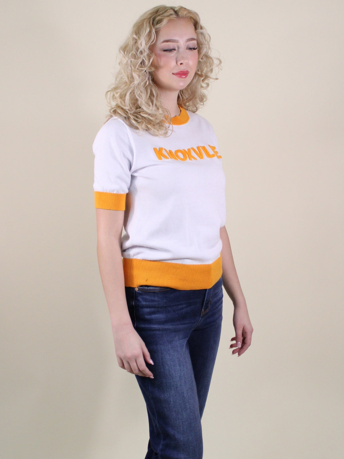 Knoxville Tennessee white orange chenille short sleeve sweater side view