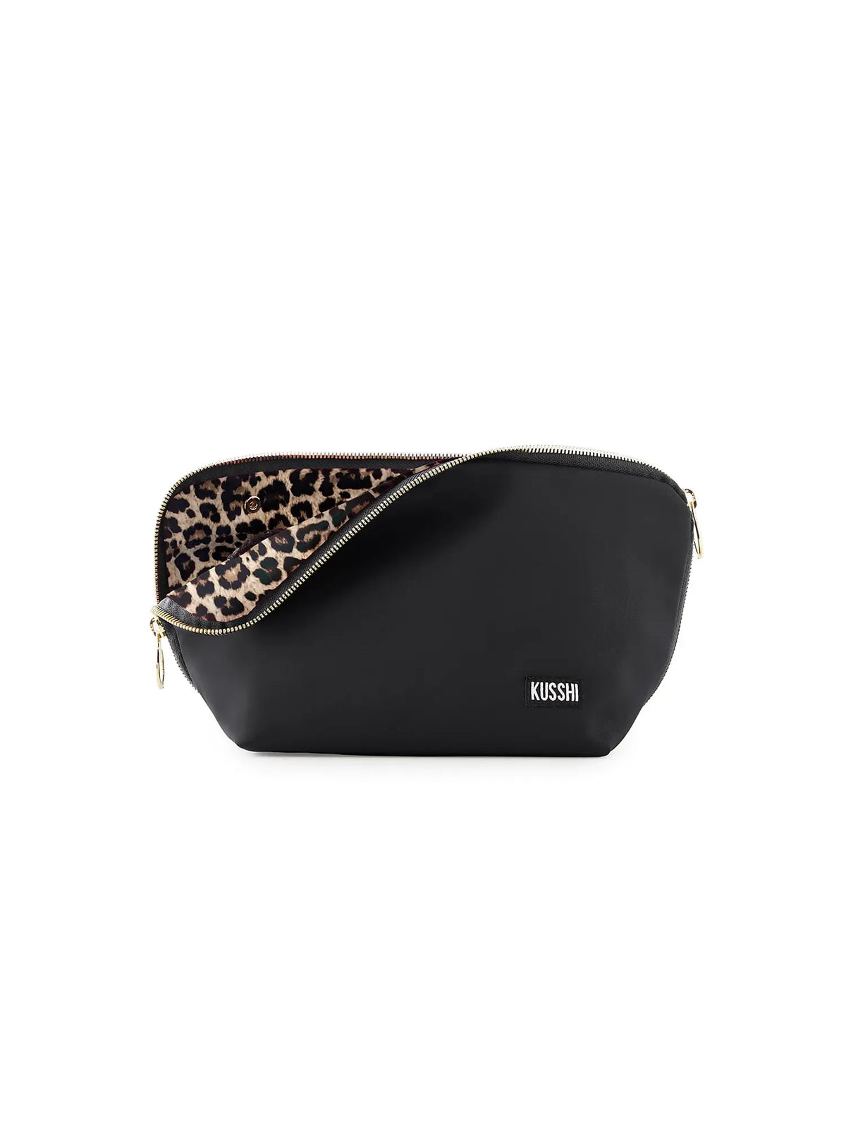 kusshi signature fabric makeup bag in black with leopard lining