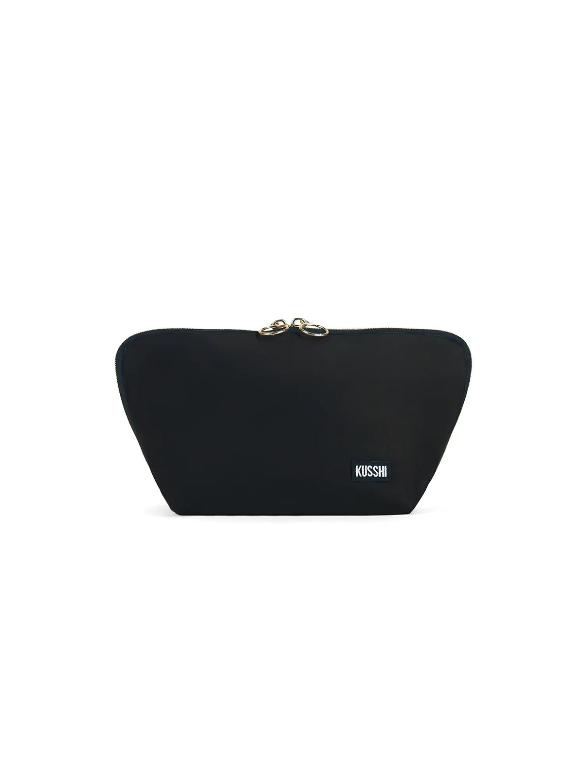 kusshi signature fabric makeup bag in black with leopard lining