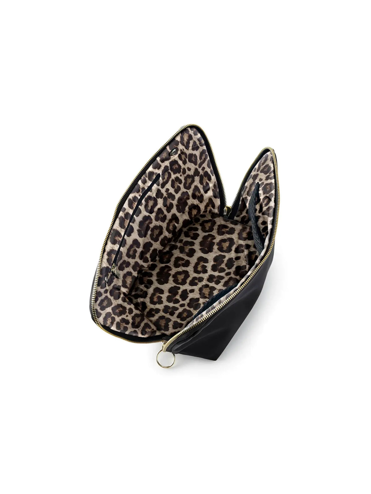 kusshi signature fabric makeup bag in black with leopard lining