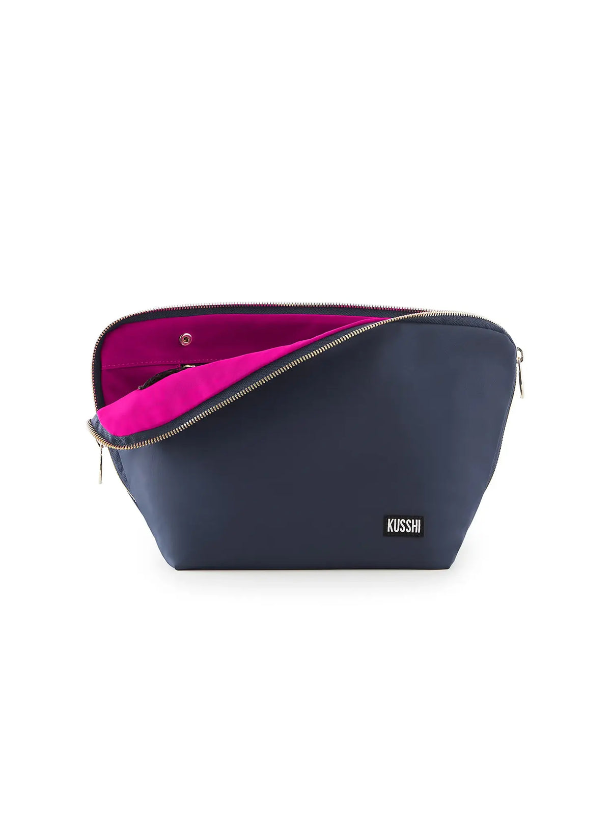 kusshi fabric vacationer makeup bag in navy with pink lining