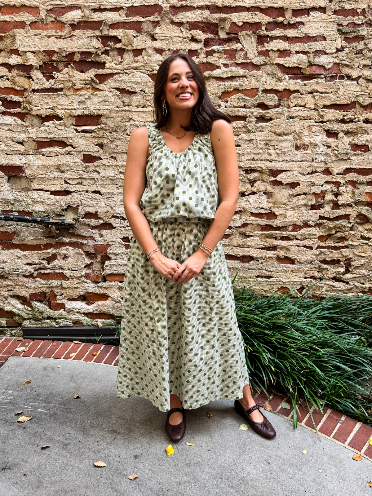 Gingham Polka Dot Gathered Midi Skirt