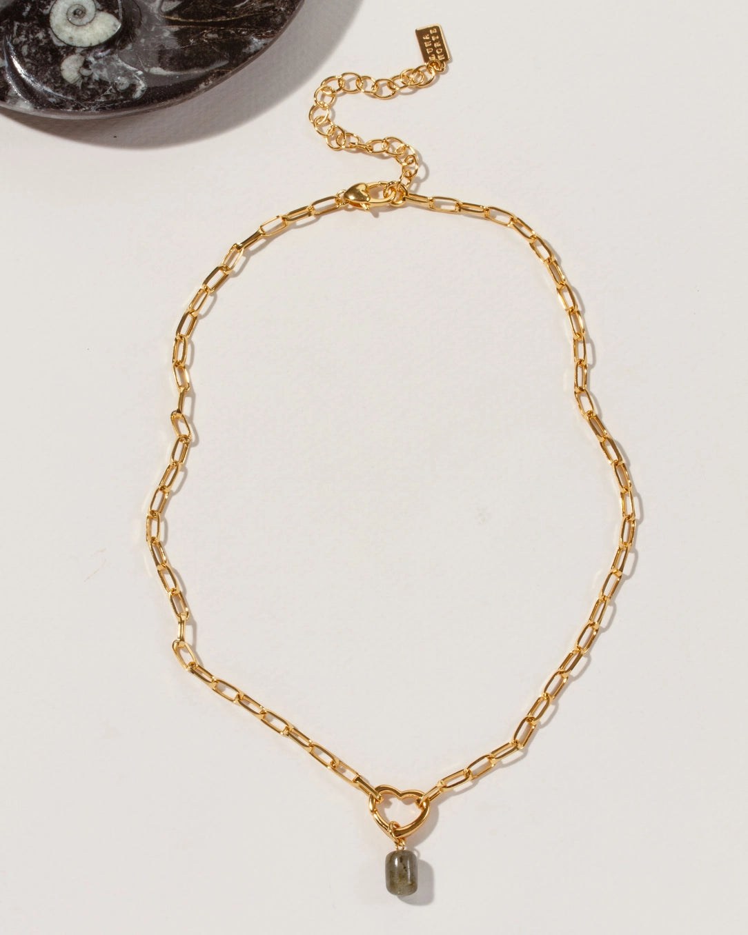 listen to you heart necklace in 14kt gold plated brass with labradorite gemstone by luna norte jewelry