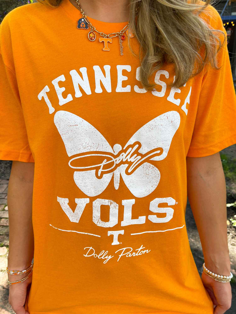 LivyLu Dolly Parton Tennessee Vols Butterfly Script Orange Tee