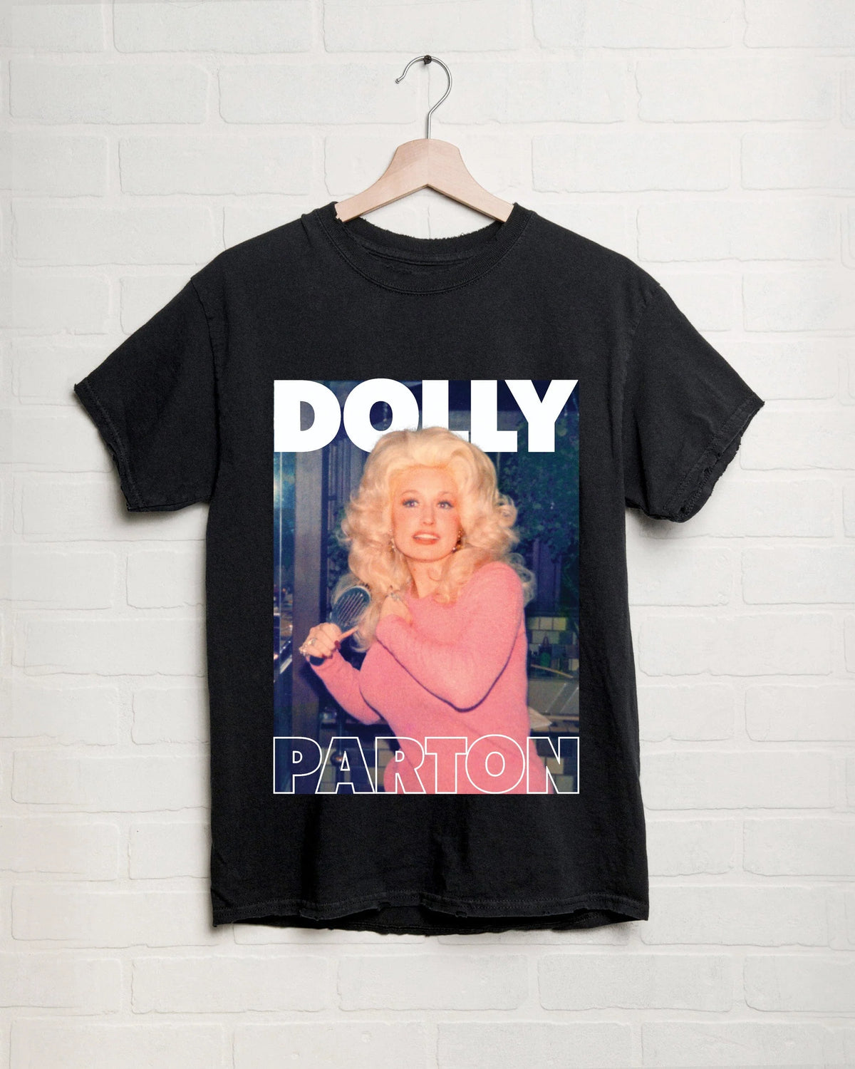livylu dolly parton in pink black thrifted distressed tee-front view