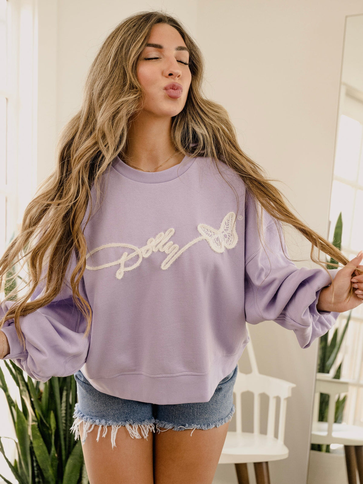 livylu dolly parton tinsel purple oversized crew sweatshirt-front