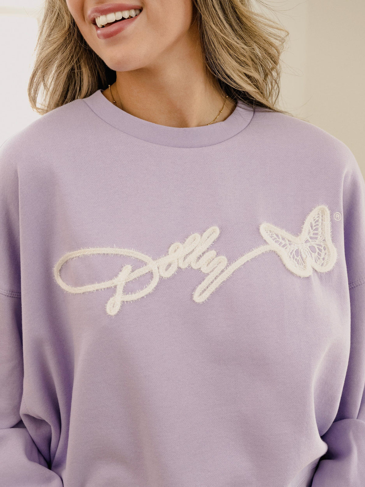 livylu dolly parton tinsel purple oversized crew sweatshirt-front