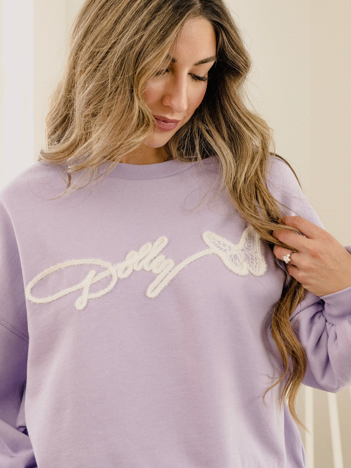 livylu dolly parton tinsel purple oversized crew sweatshirt-front