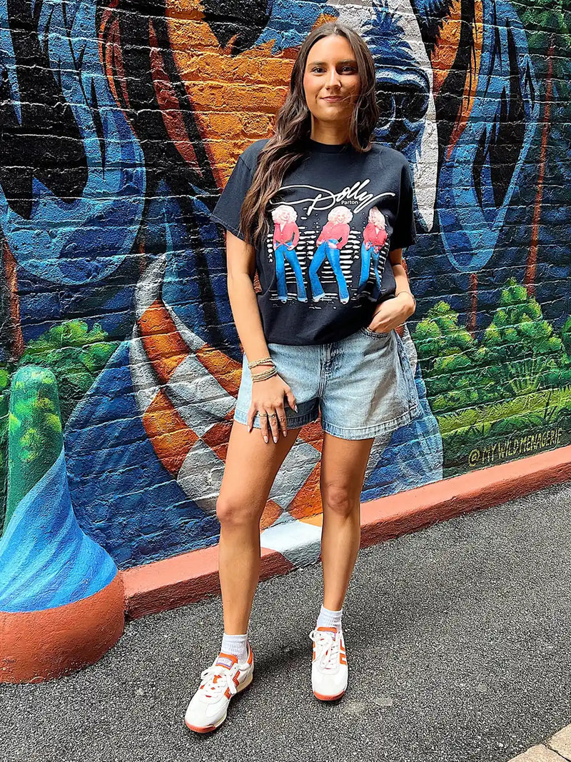 LivyLu Dolly Parton Triple Threat Distressed Tee Black