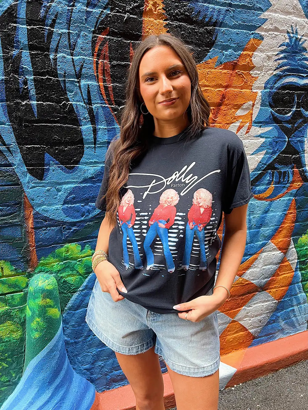 LivyLu Dolly Parton Triple Threat Distressed Tee Black