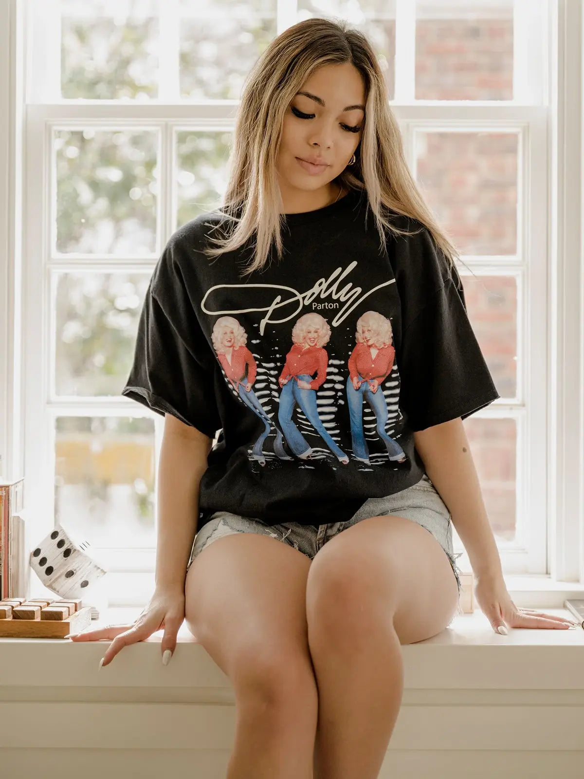 LivyLu Dolly Parton Triple Threat Distressed Tee Black