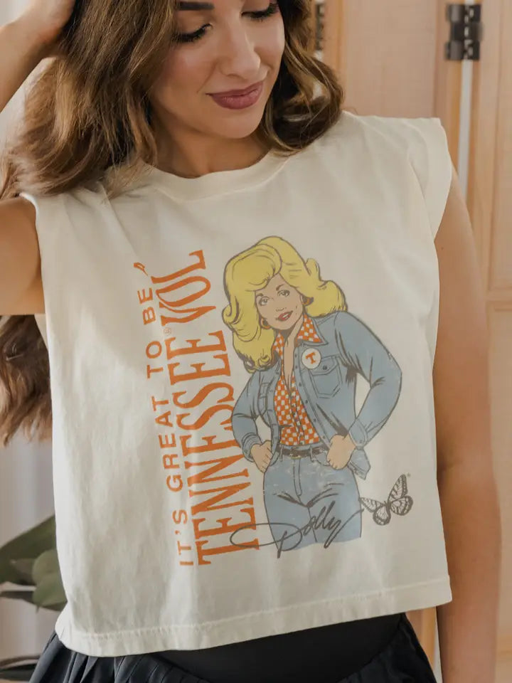 LivyLu Dolly Parton Vols Game Day Mascot Muscle Tank  off white