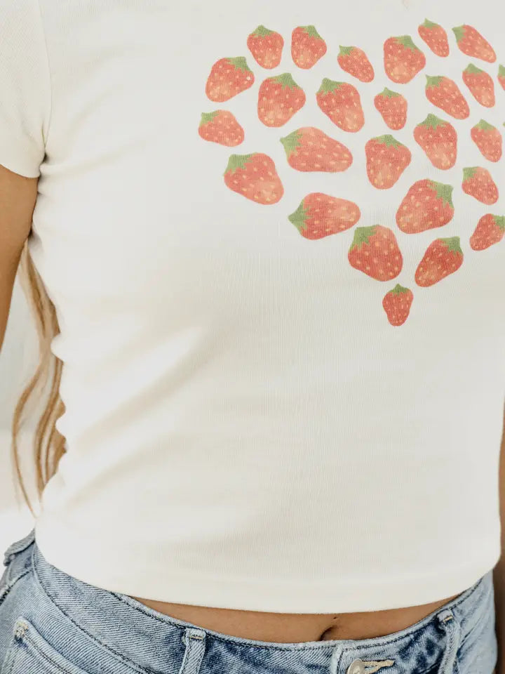 LivyLu Strawberry Heart Micro Crop Tee