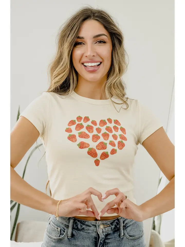 LivyLu Strawberry Heart Micro Crop Tee