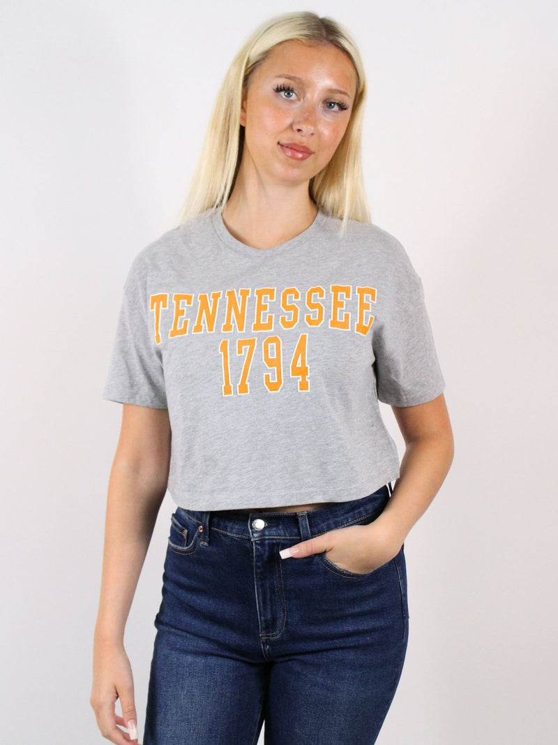 LivyLu TN Vols Block Puff Ink Crop Tee in gray