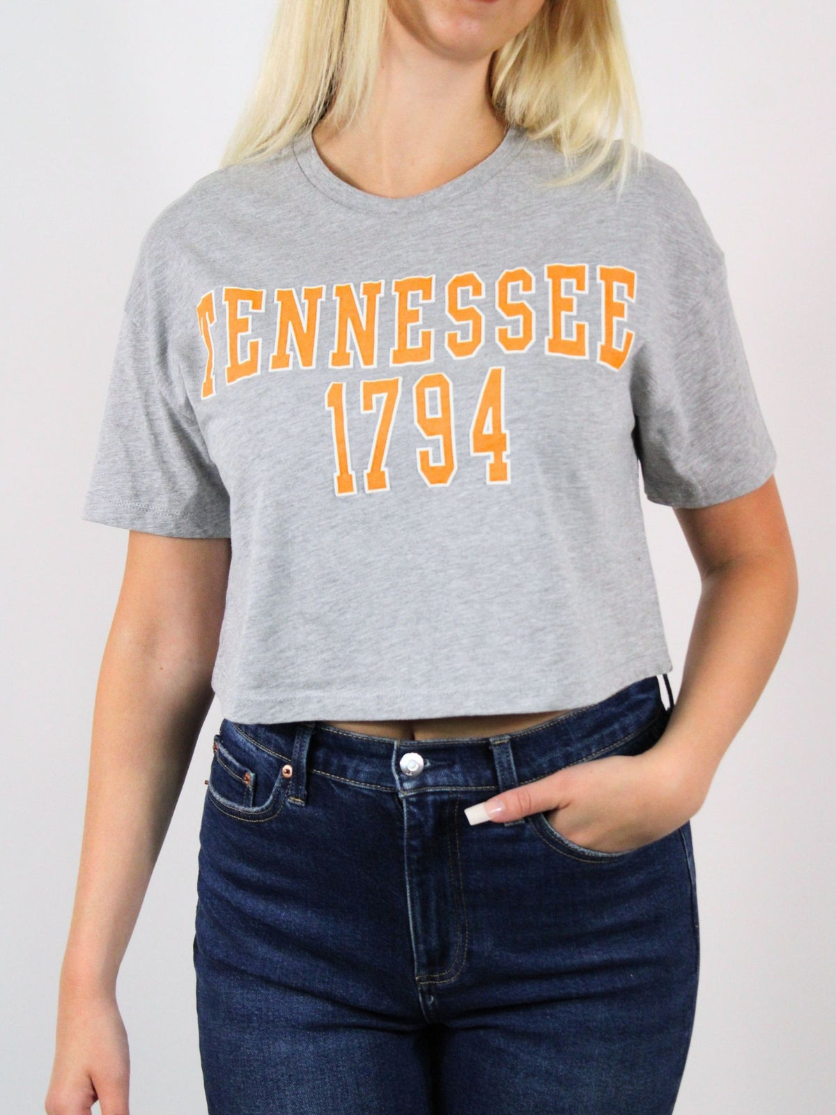 LivyLu TN Vols Block Puff Ink Crop Tee in gray