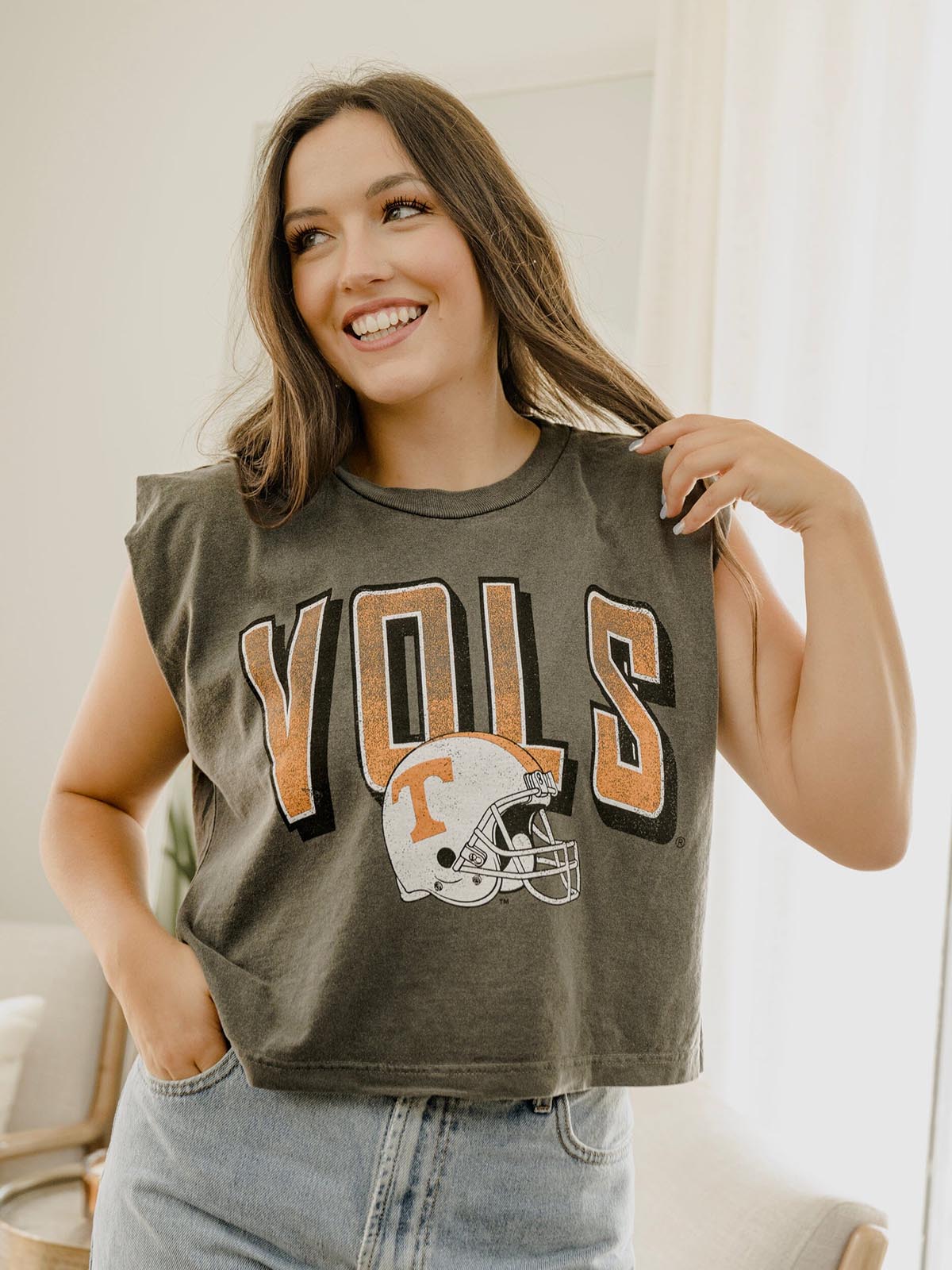 LivyLu Tennessee Volunteers Helmet Face Tank Top Charcoal TN Vols Game Day