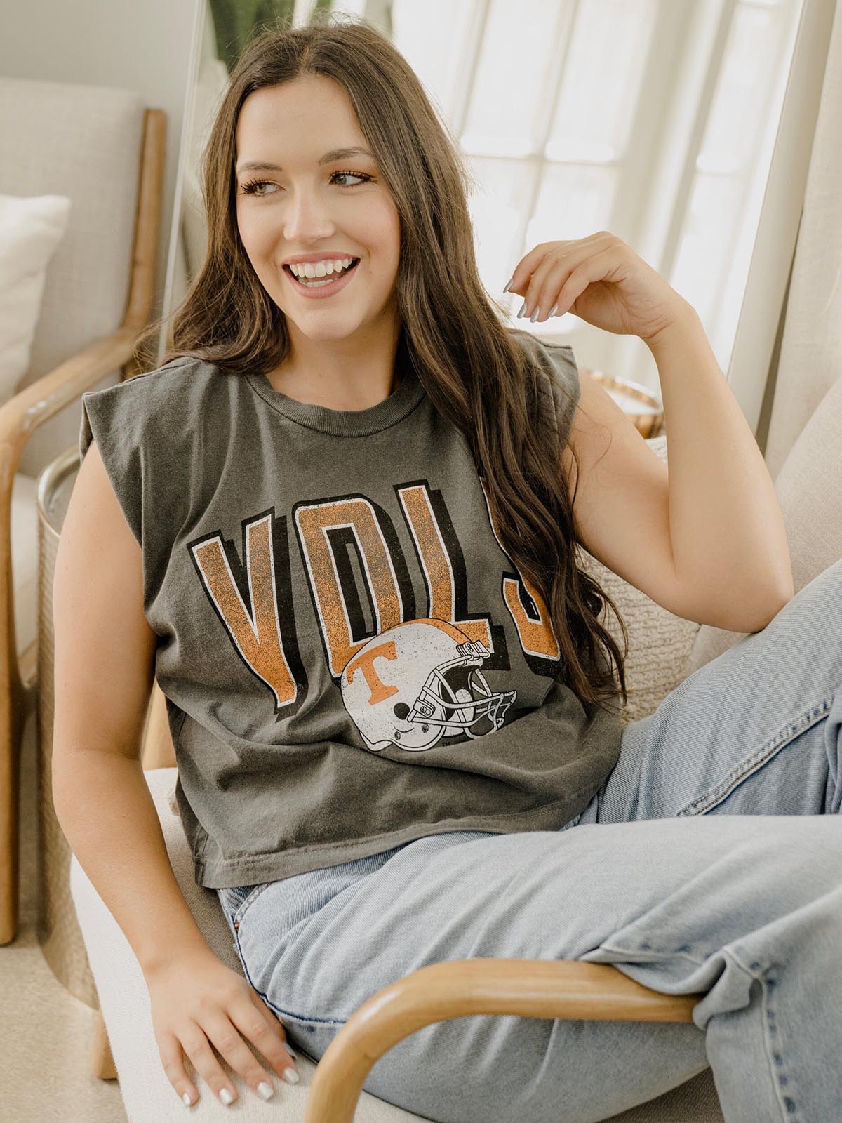 LivyLu Tennessee Volunteers Helmet Face Tank Top Charcoal TN Vols Game Day