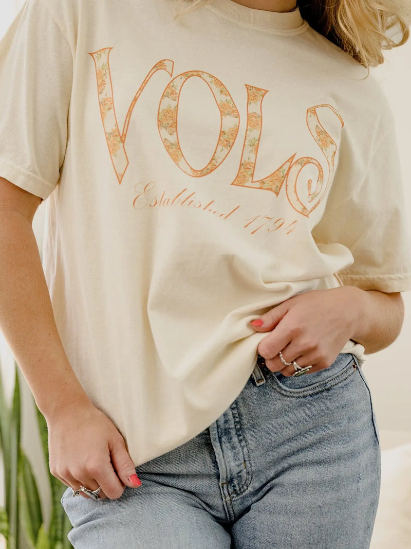 LivyLu Tennessee Volunteers Palace Rose Graphic Tee Natural TN Vols Game Day