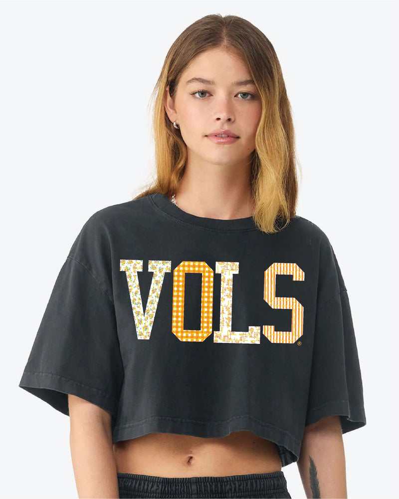 LivyLu Tennessee Vols Quilted Puff Ink Heavyweight Cropped Tee Washed Black