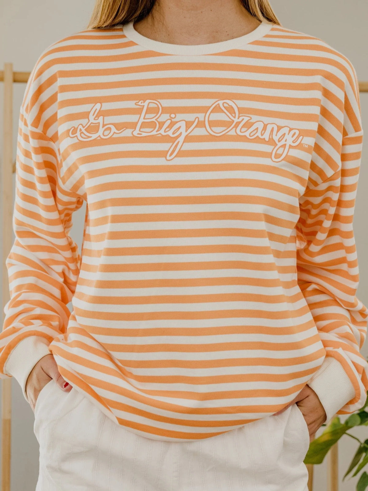 LivyLu Tennessee Vols Simple Script Orange & White Stripe Hi Dive Sweatshirt