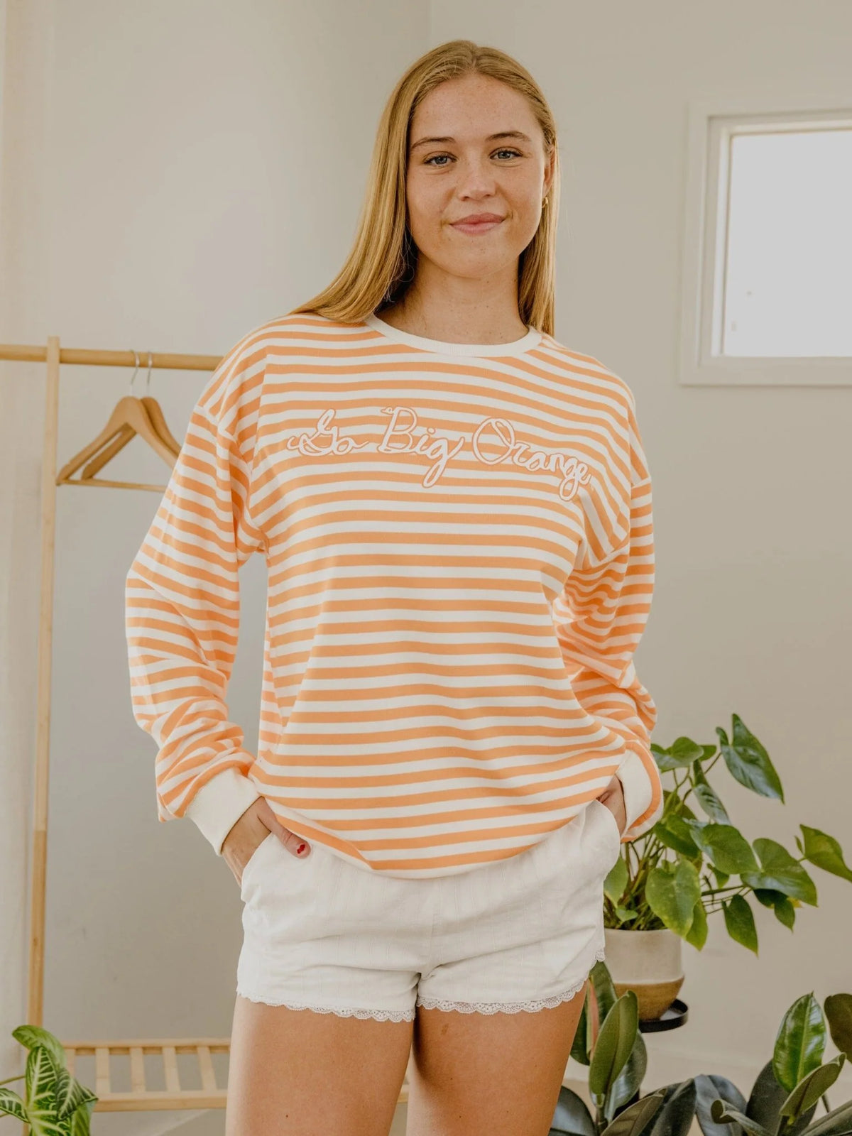 LivyLu Tennessee Vols Simple Script Orange & White Stripe Hi Dive Sweatshirt