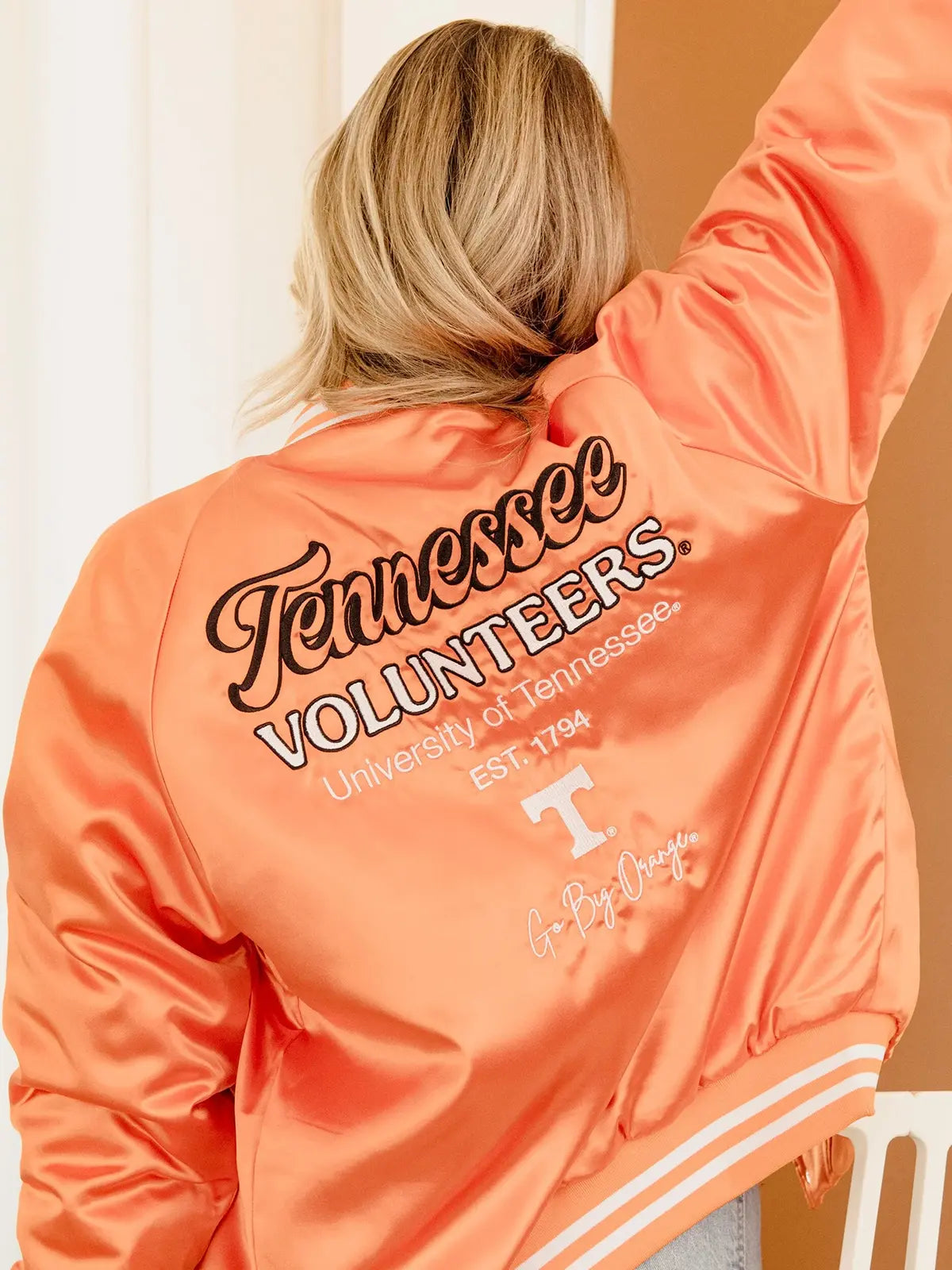 LivyLu Tennessee Volunteers Embroidered  Orange Satin Bomber Jacket TN Vols Game Day