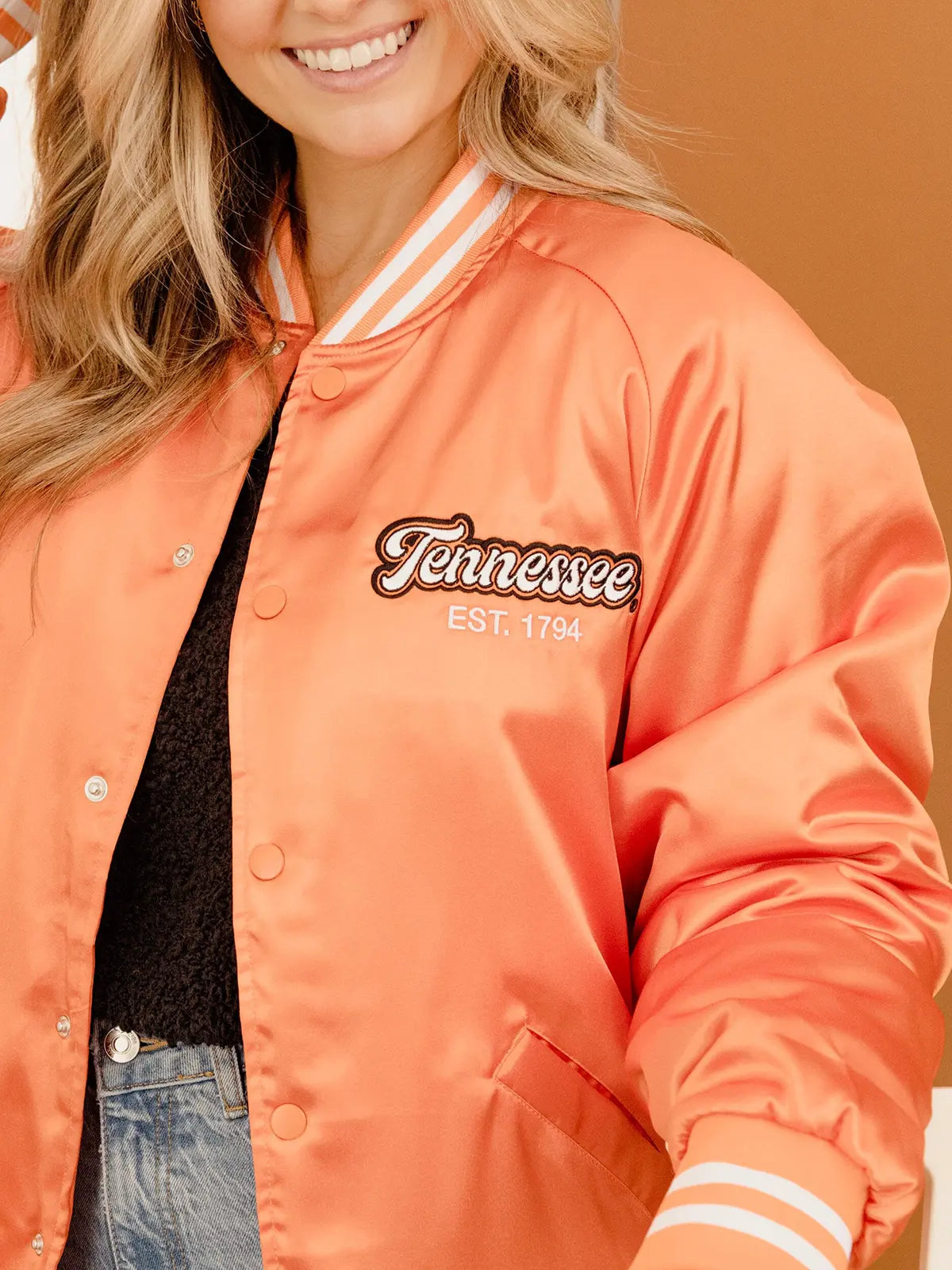 LivyLu Tennessee Volunteers Embroidered  Orange Satin Bomber Jacket TN Vols Game Day