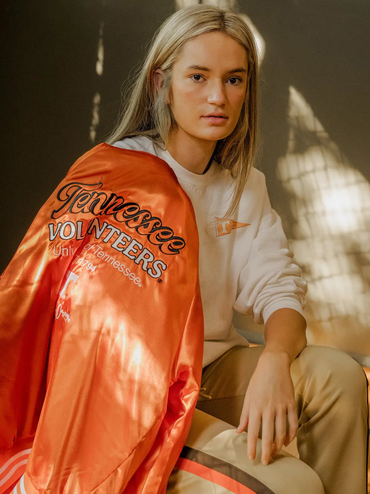 LivyLu Tennessee Volunteers Embroidered  Orange Satin Bomber Jacket TN Vols Game Day