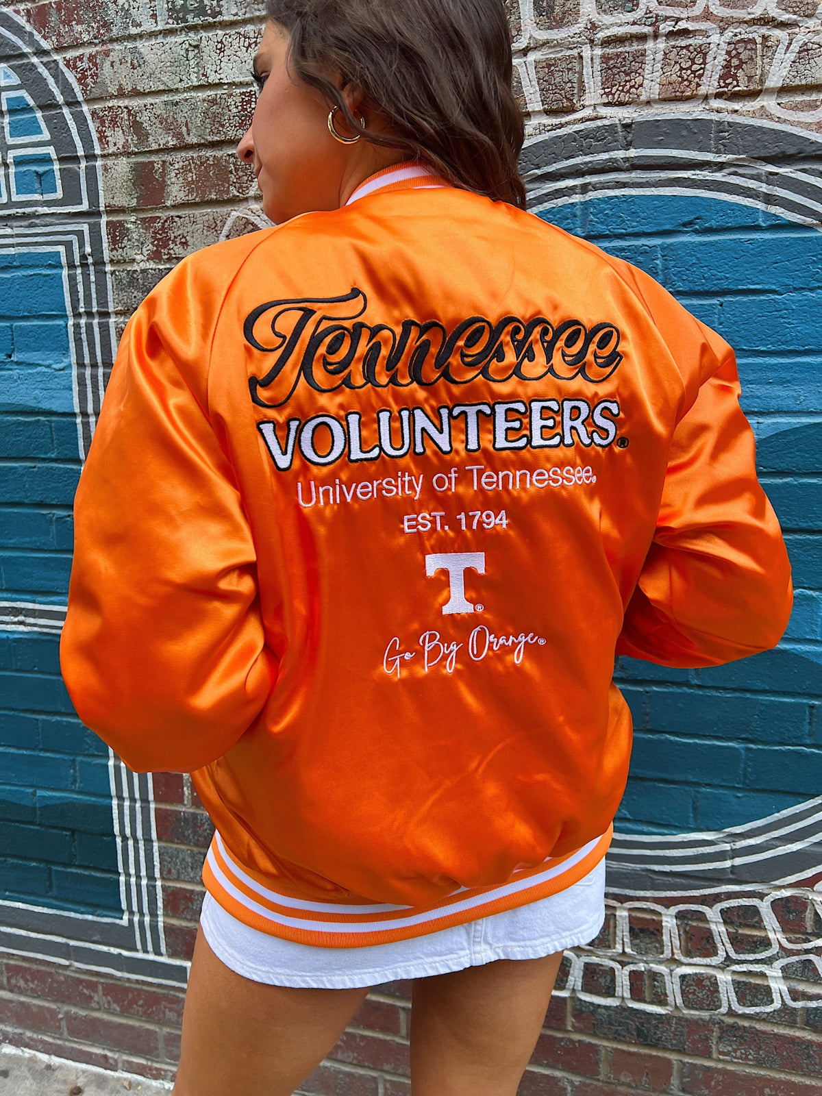 livylu tennessee volunteers embroidered satin bomber jacket orange back detail view