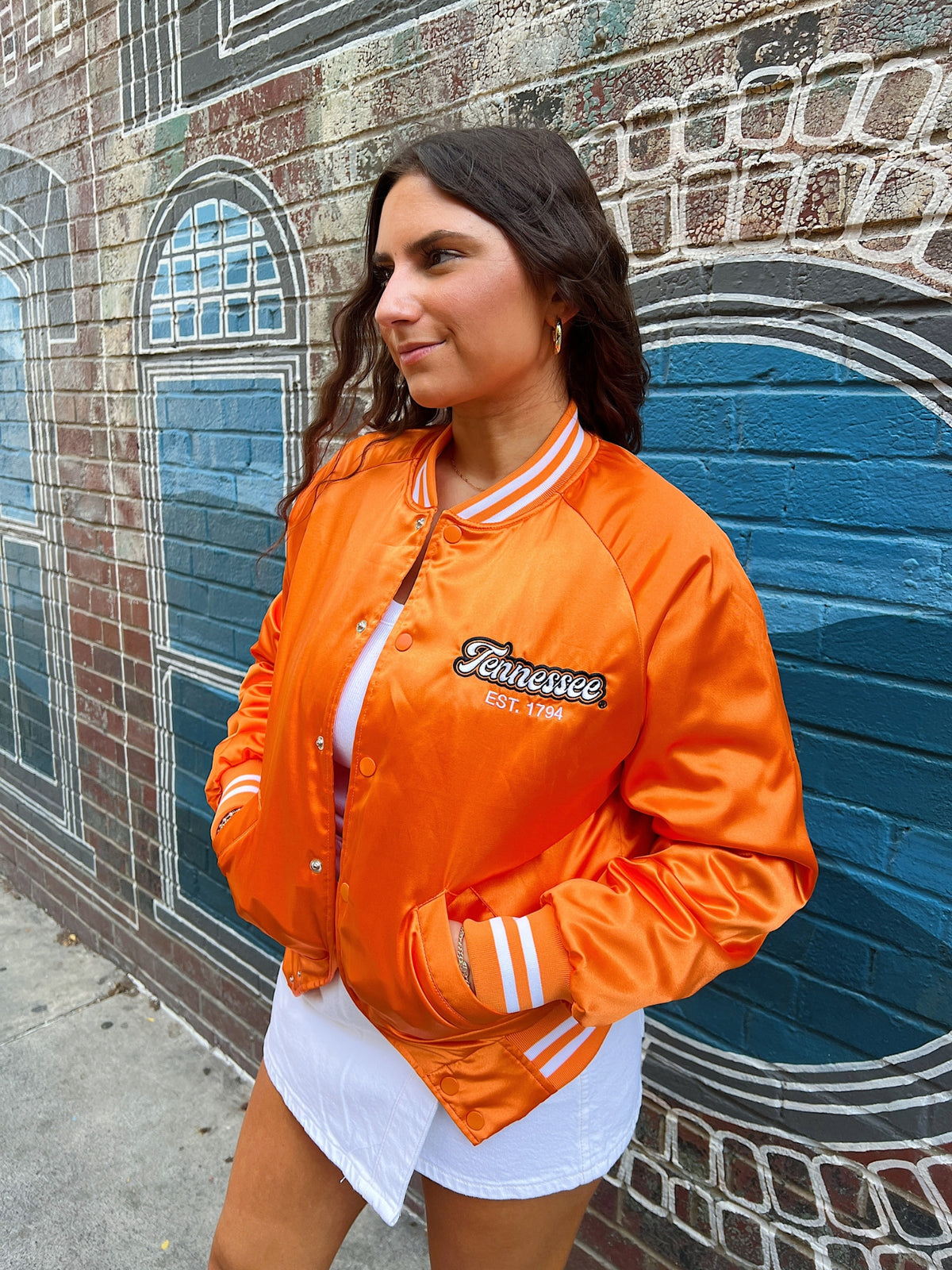 livylu tennessee volunteers embroidered satin bomber jacket orange front detail view