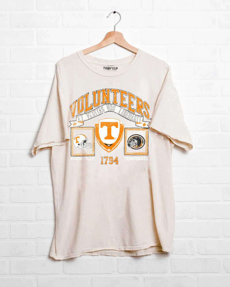 LivyLu Tennessee Volunteers Prep Patch Off White Thrifted T-Shirt for TN Volunteers Game Day
