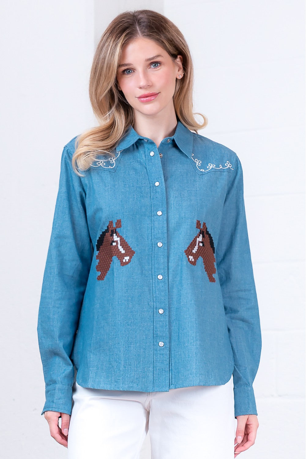 Taelynn Horse Embroidered Denim Button Down Long Sleeve Shirt