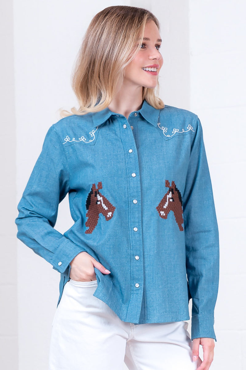 Taelynn Horse Embroidered Denim Button Down Long Sleeve Shirt
