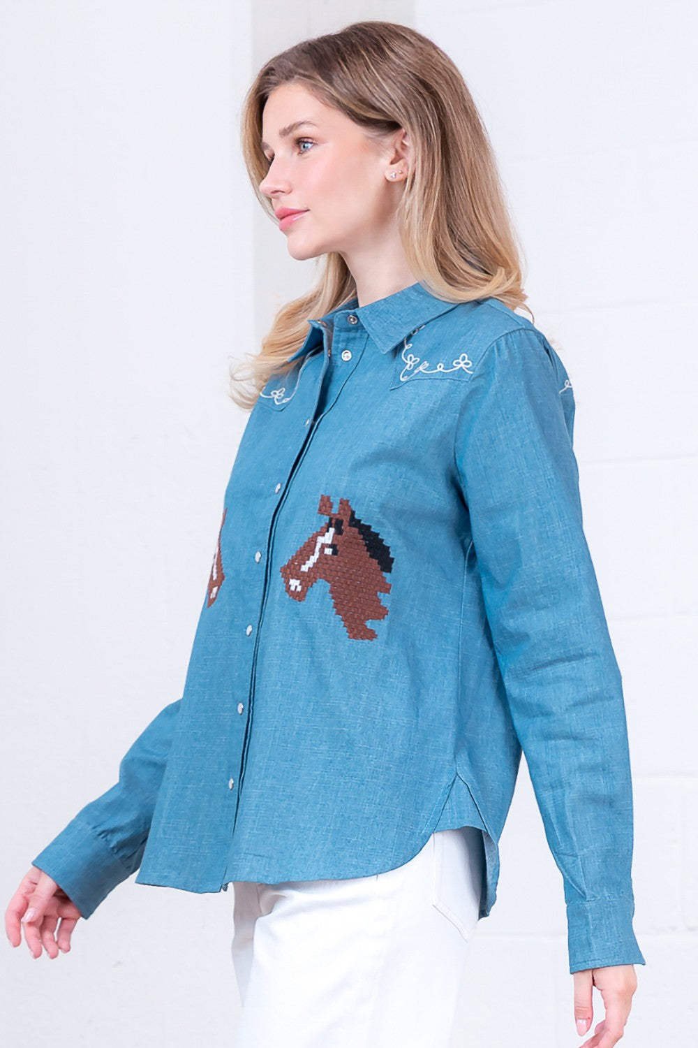 Taelynn Horse Embroidered Denim Button Down Long Sleeve Shirt