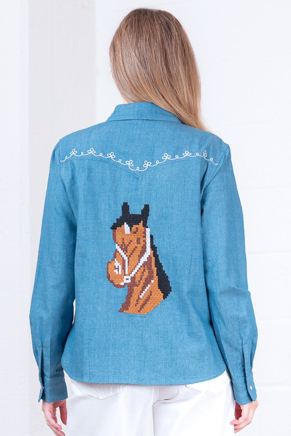 Taelynn Horse Embroidered Denim Button Down Long Sleeve Shirt