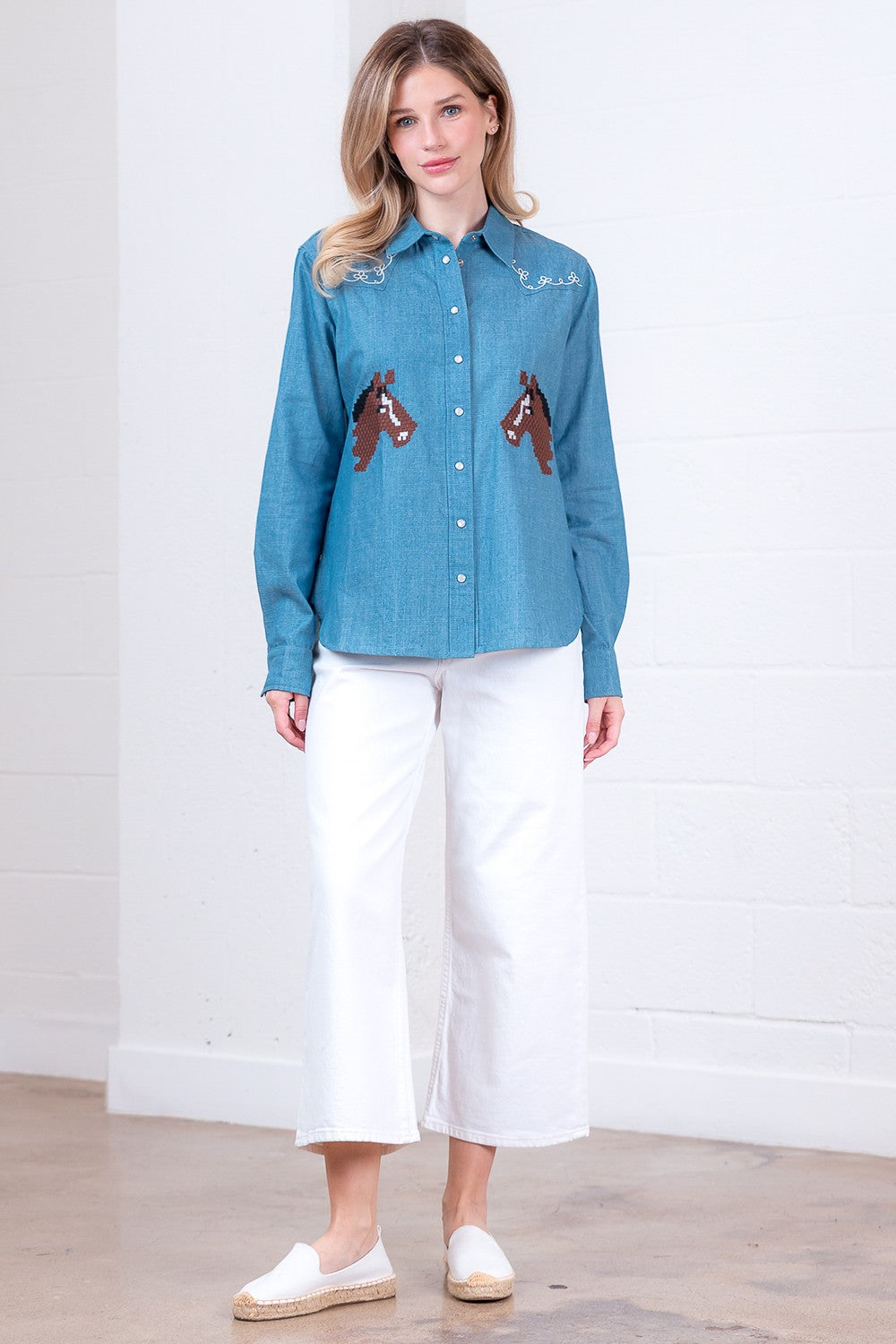 Taelynn Horse Embroidered Denim Button Down Long Sleeve Shirt