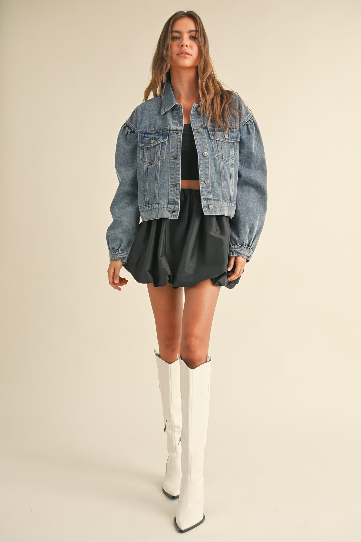 puff sleeve denim jacket-front