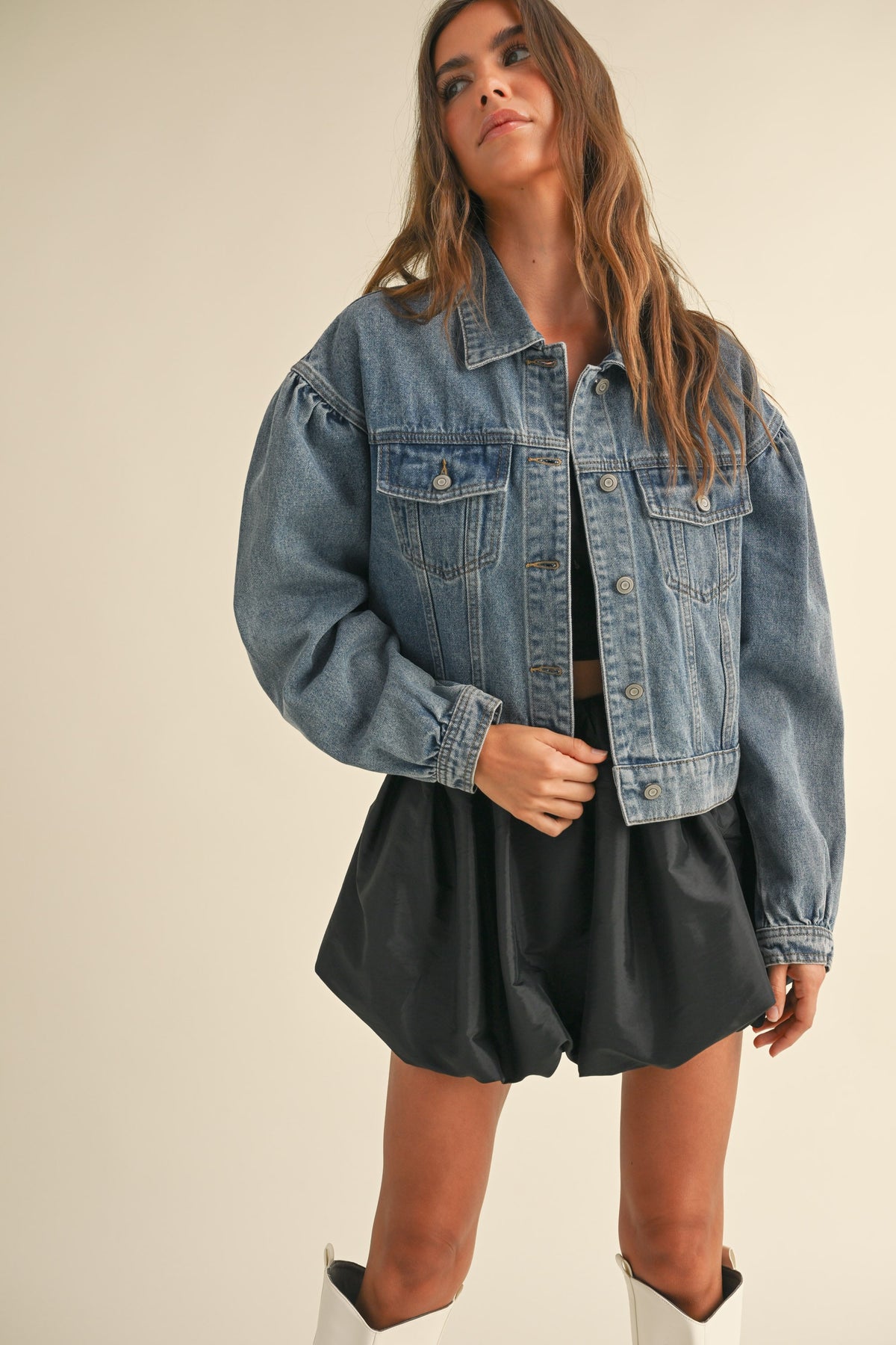 puff sleeve denim jacket-front